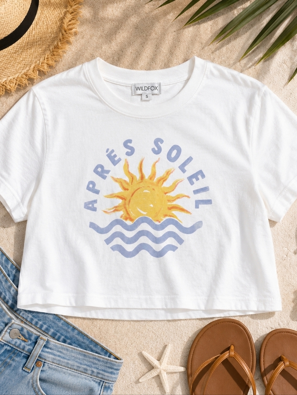 Fun Wildfox Apres Soleil Graphic Crop Tee Sun Wave Beachy Cotton Casual